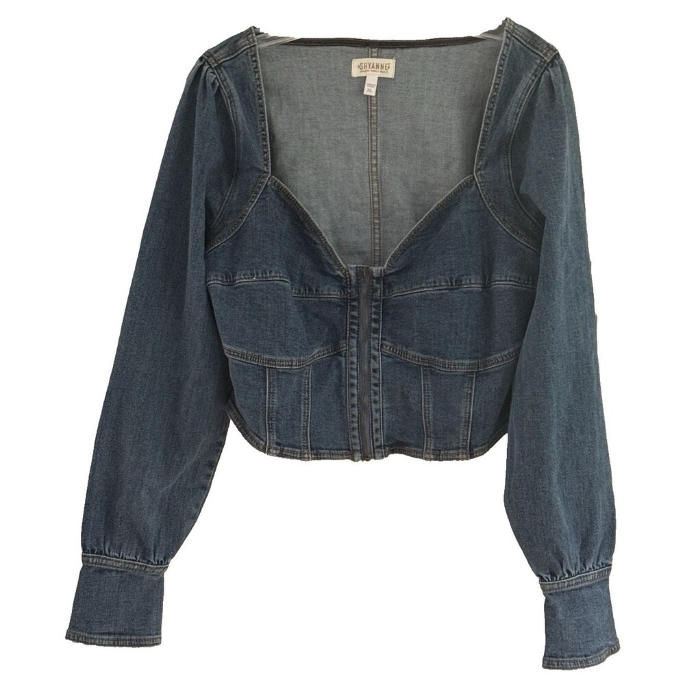 Shyanne Women's Corset Blue Denim Med. Wash Cropped Zip Front Top XL Long Sleeve